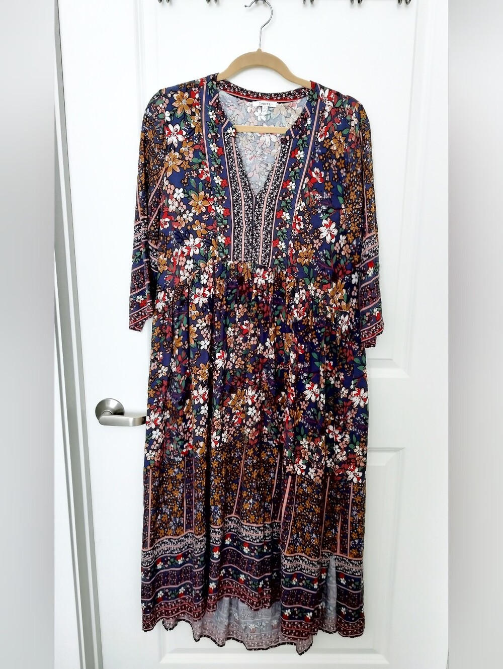 Jodifl Women's L Boho Floral Patchwork Lined Midi Dress Cottagecore HipPeasant
